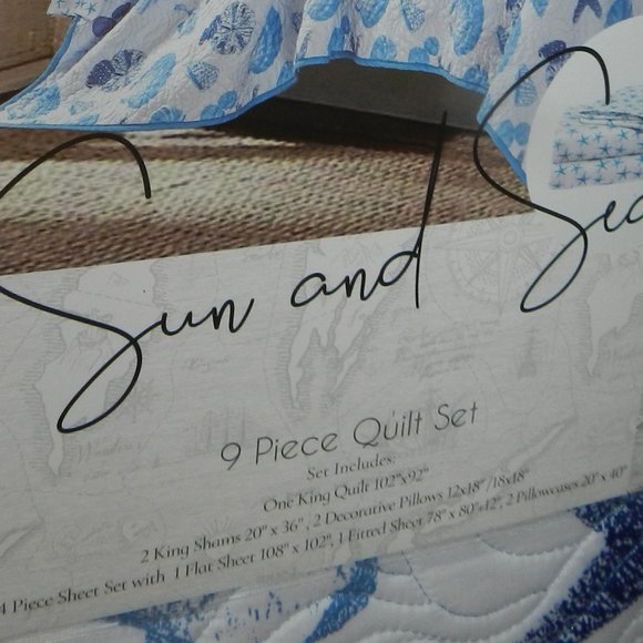 Sun & Sea 9 Pc Quilt Bedding Set Ocean Seashells Coastal King Blue/White NEW/NEW - Picture 6 of 14